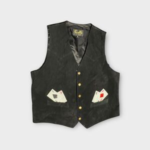 Scully Western Leather Vest L Black Suede Gambler Aces Poker Cards Pockets